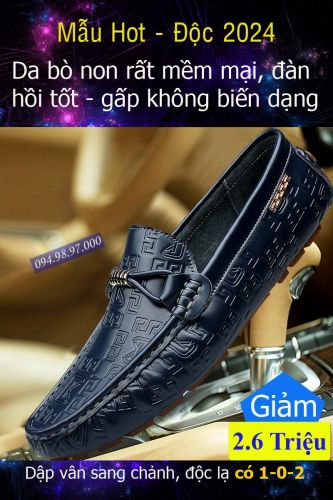 Giày lười nam da bò vân nổi sành điệu LZ076 Xanh