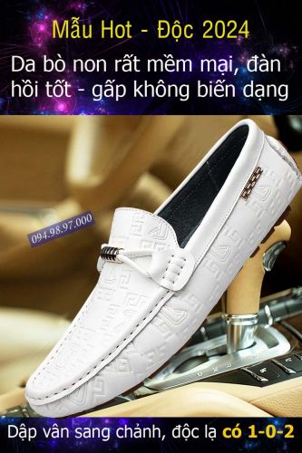 Giày lười nam da bò vân nổi sành điệu LZ076 Trắng