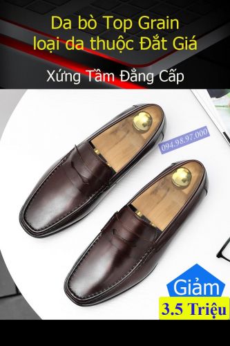 Giày Lười nam da bò Top Grain Cao Cấp LZ081 Nâu